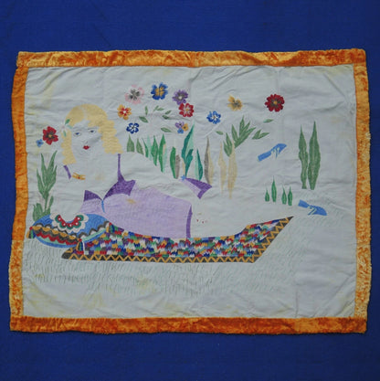 Ungewöhnlicher, bestickter Wandteppich, primitiv, 1930er Jahre, alt, handgenäht, handgewebt, 72 Zoll = 1,8 m