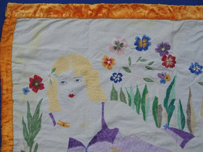 Ungewöhnlicher, bestickter Wandteppich, primitiv, 1930er Jahre, alt, handgenäht, handgewebt, 72 Zoll = 1,8 m